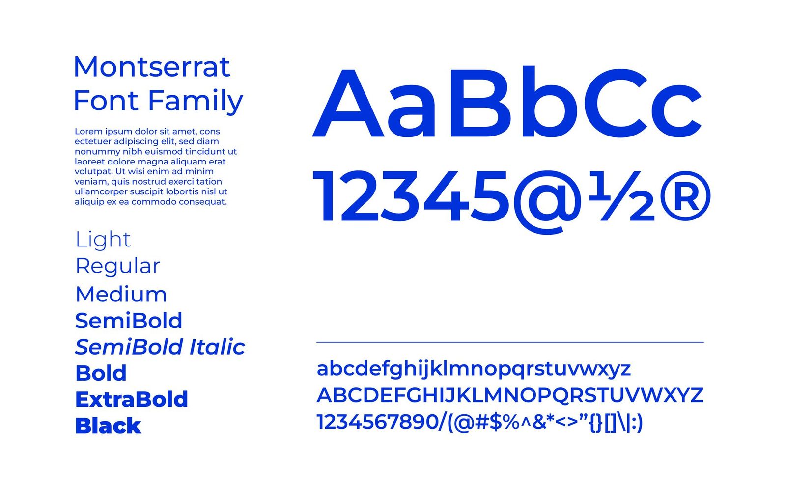 Montserrat type specimen in royal blue