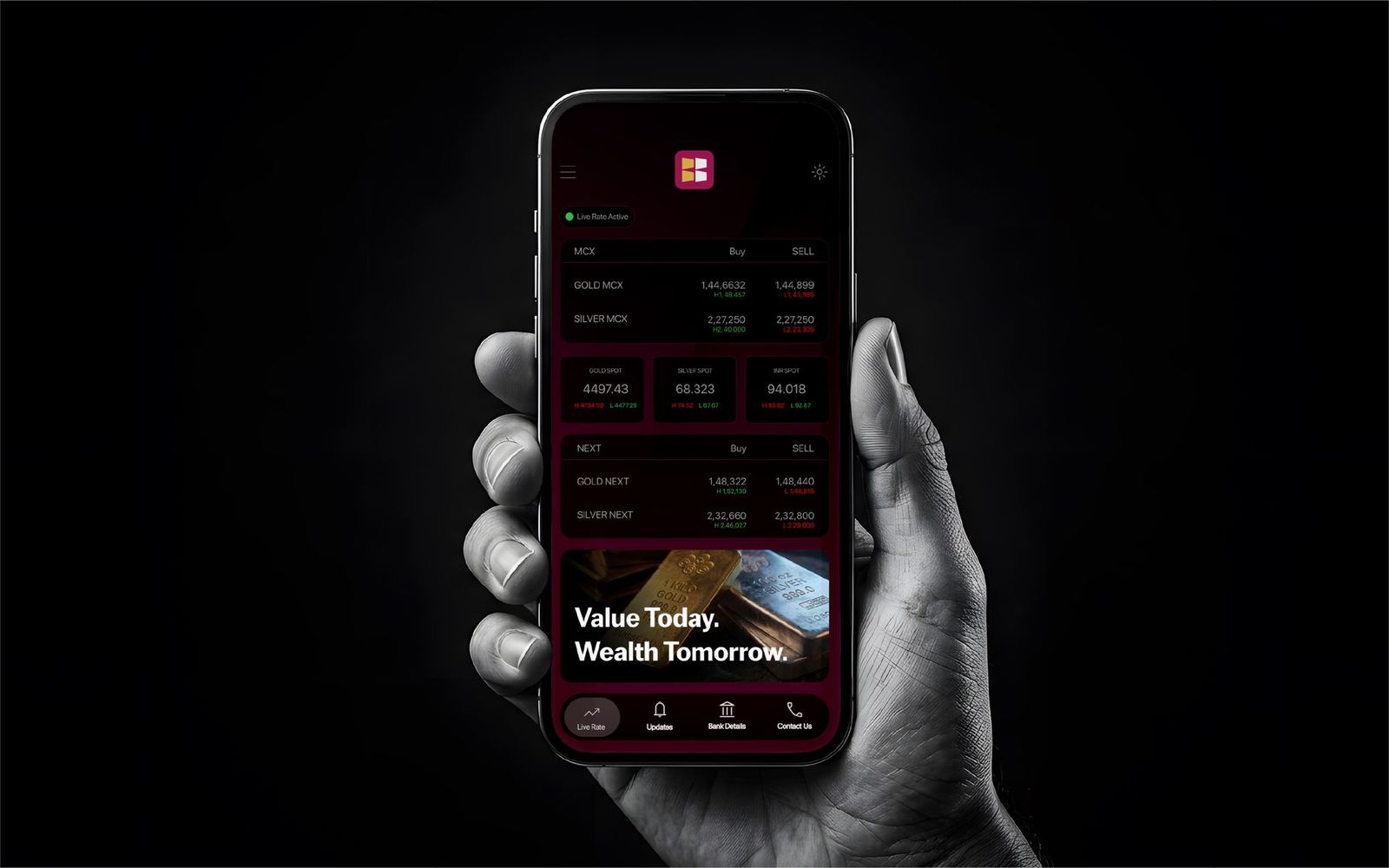 Buy Bullion live gold and silver rate app on a phone
