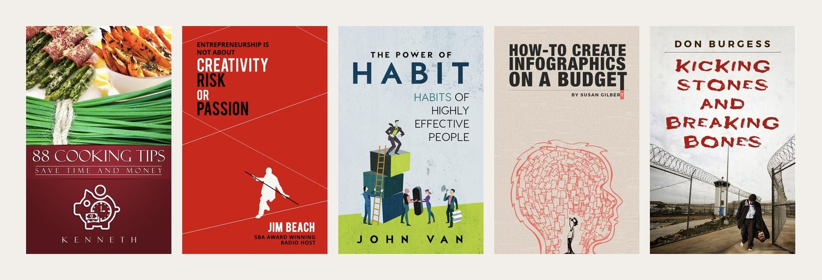Five book covers designed by Media On Desk in a row
