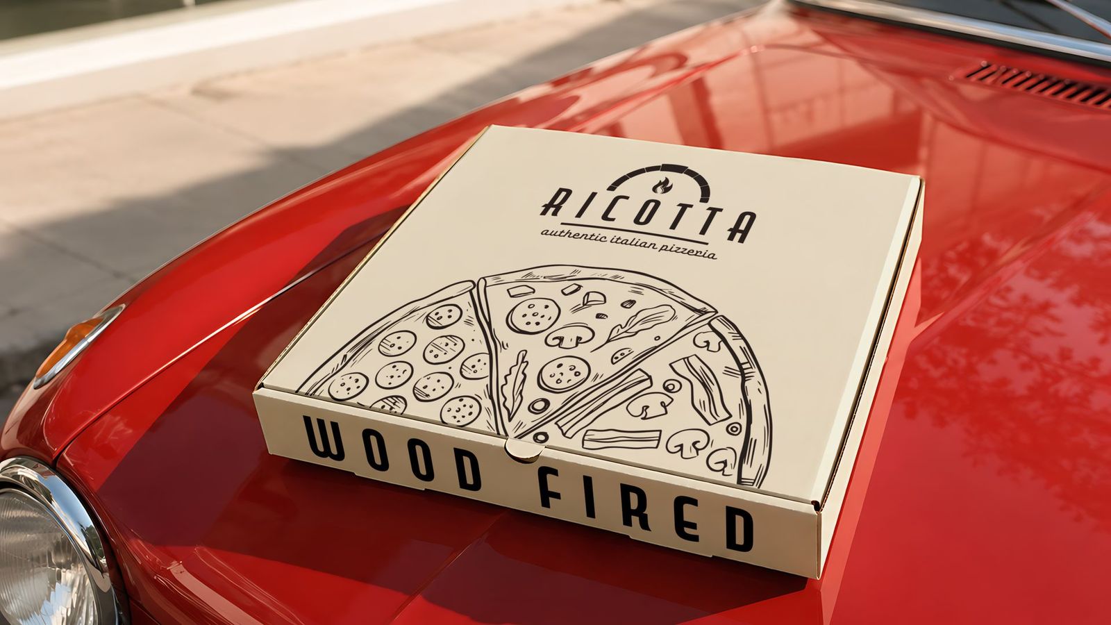 Ricotta wood-fired pizza box on a red car