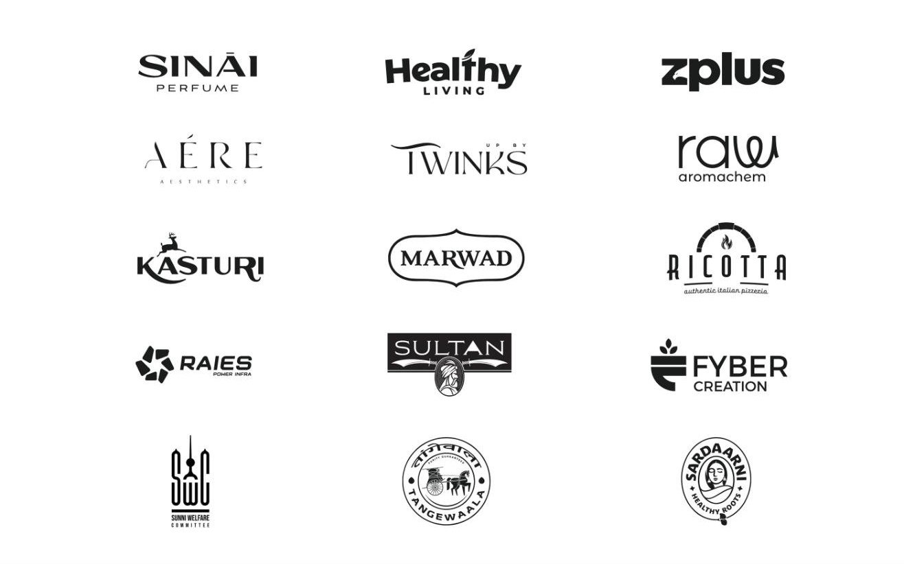 Fifteen logos designed by Media On Desk, shown in black on white