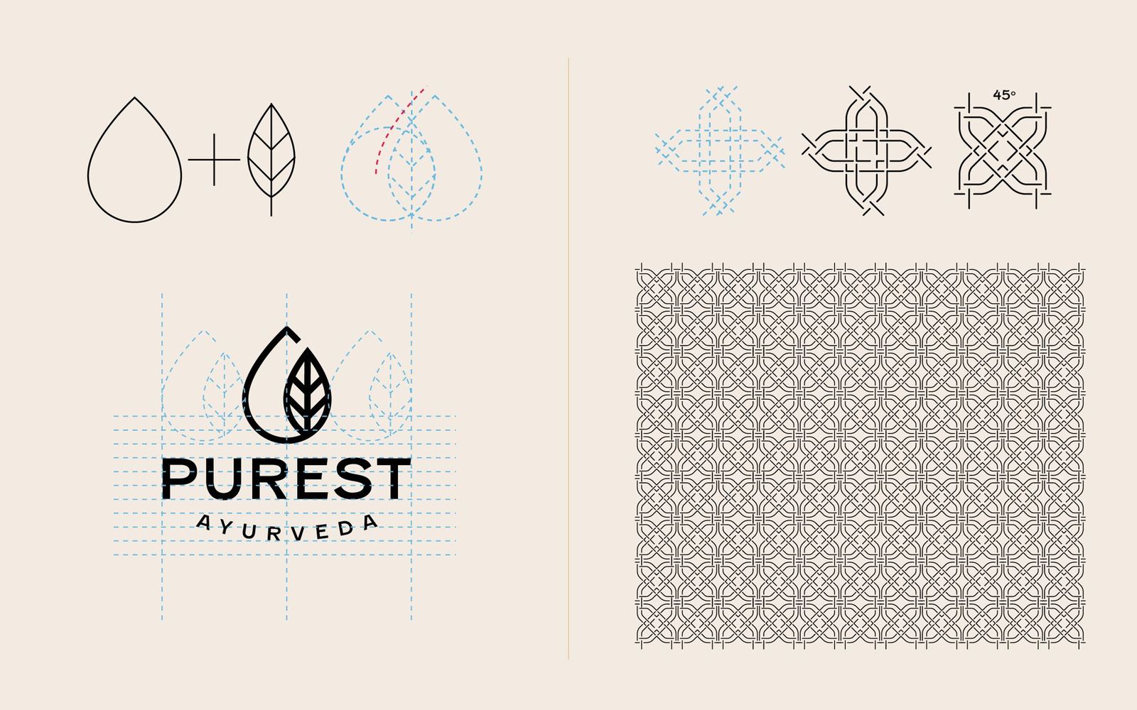 Logo construction: a drop plus a leaf, and the woven knot pattern