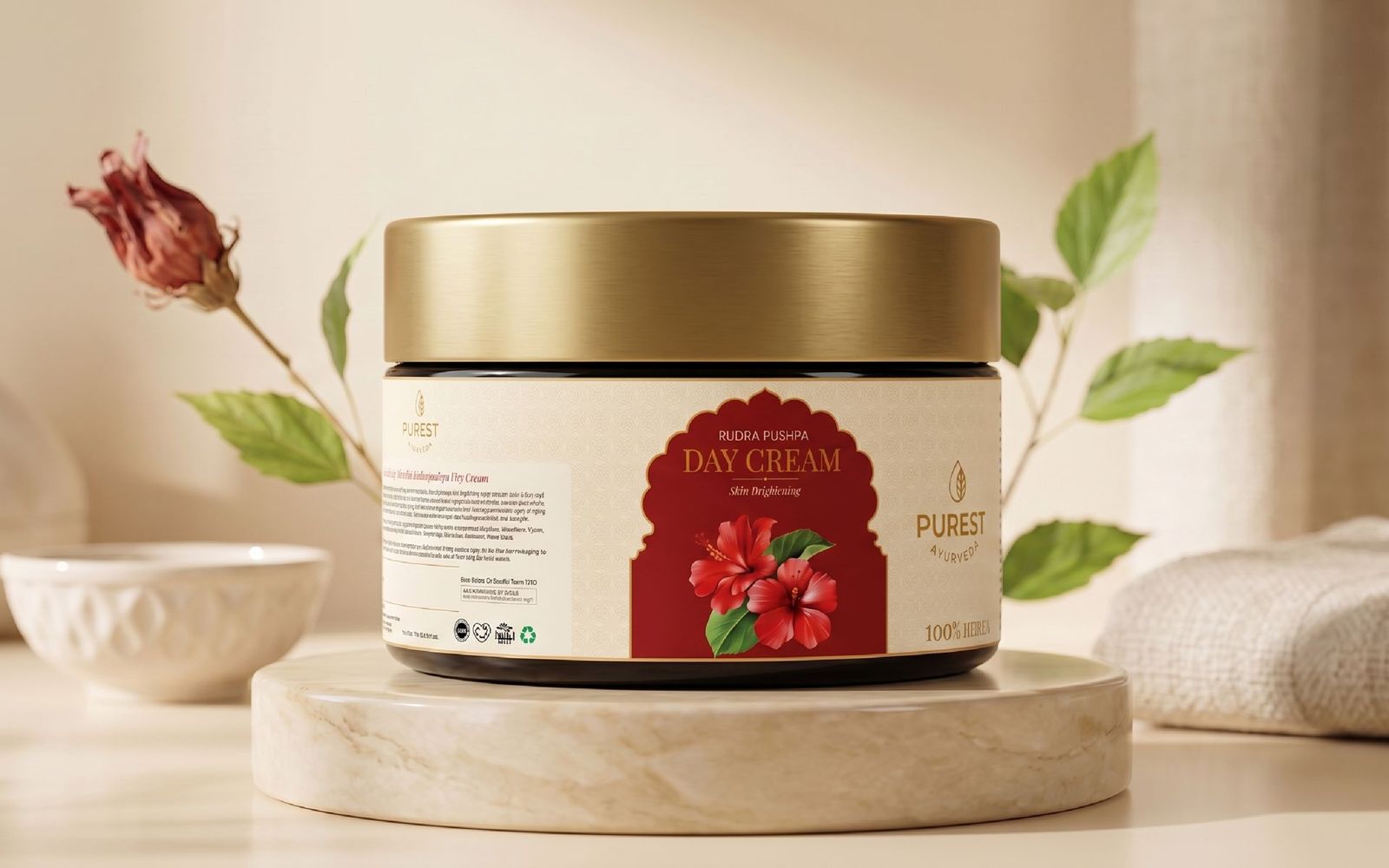 Rudra Pushpa day cream jar with hibiscus