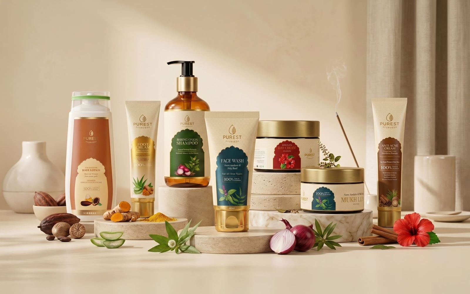 Purest Ayurveda range: body lotion, foot cream, shampoo, face wash, day cream, face pack and anti acne cream