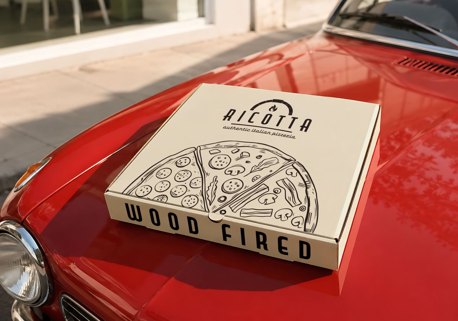 Ricotta wood-fired pizza box on a red car bonnet