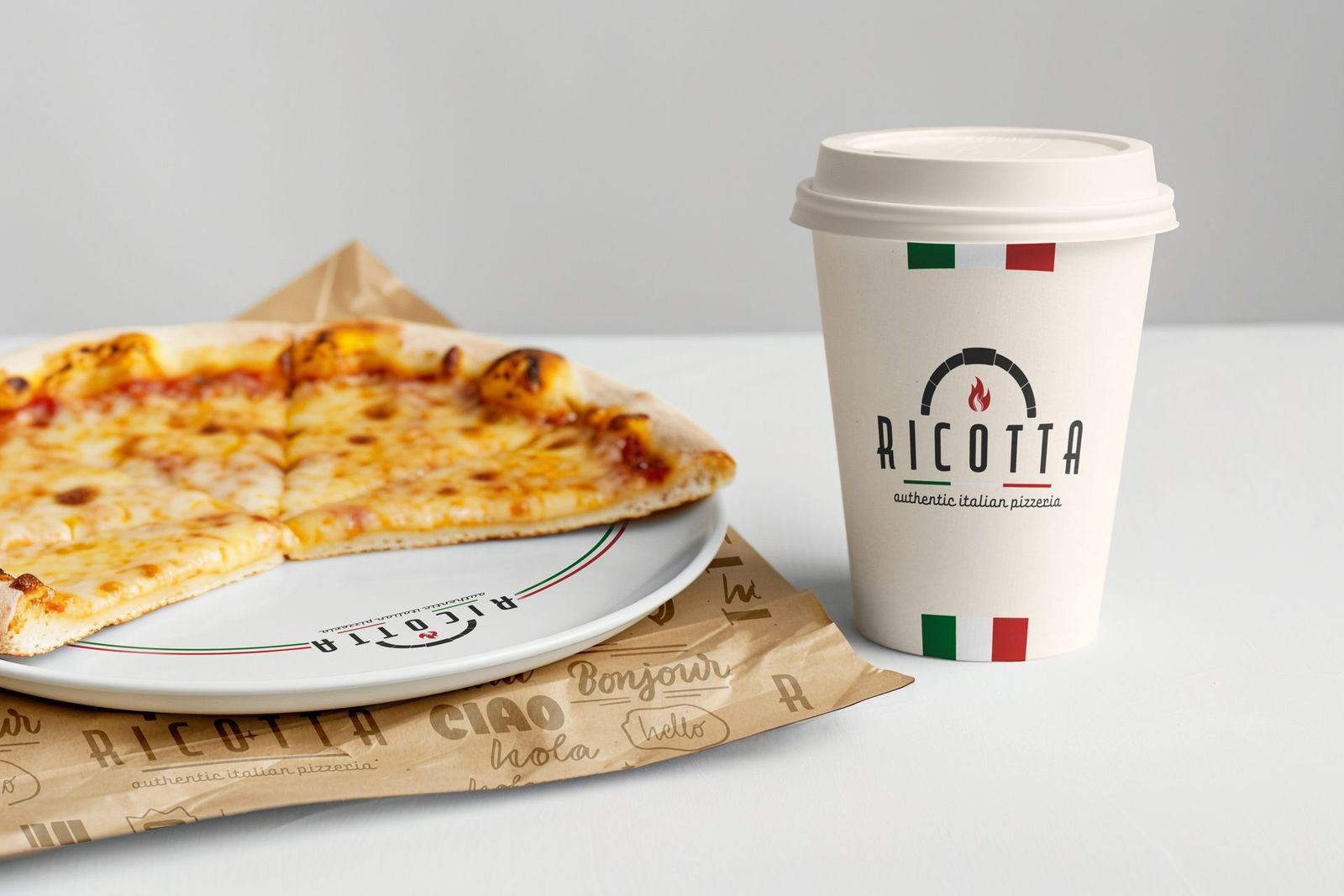 Ricotta paper cup and branded plate