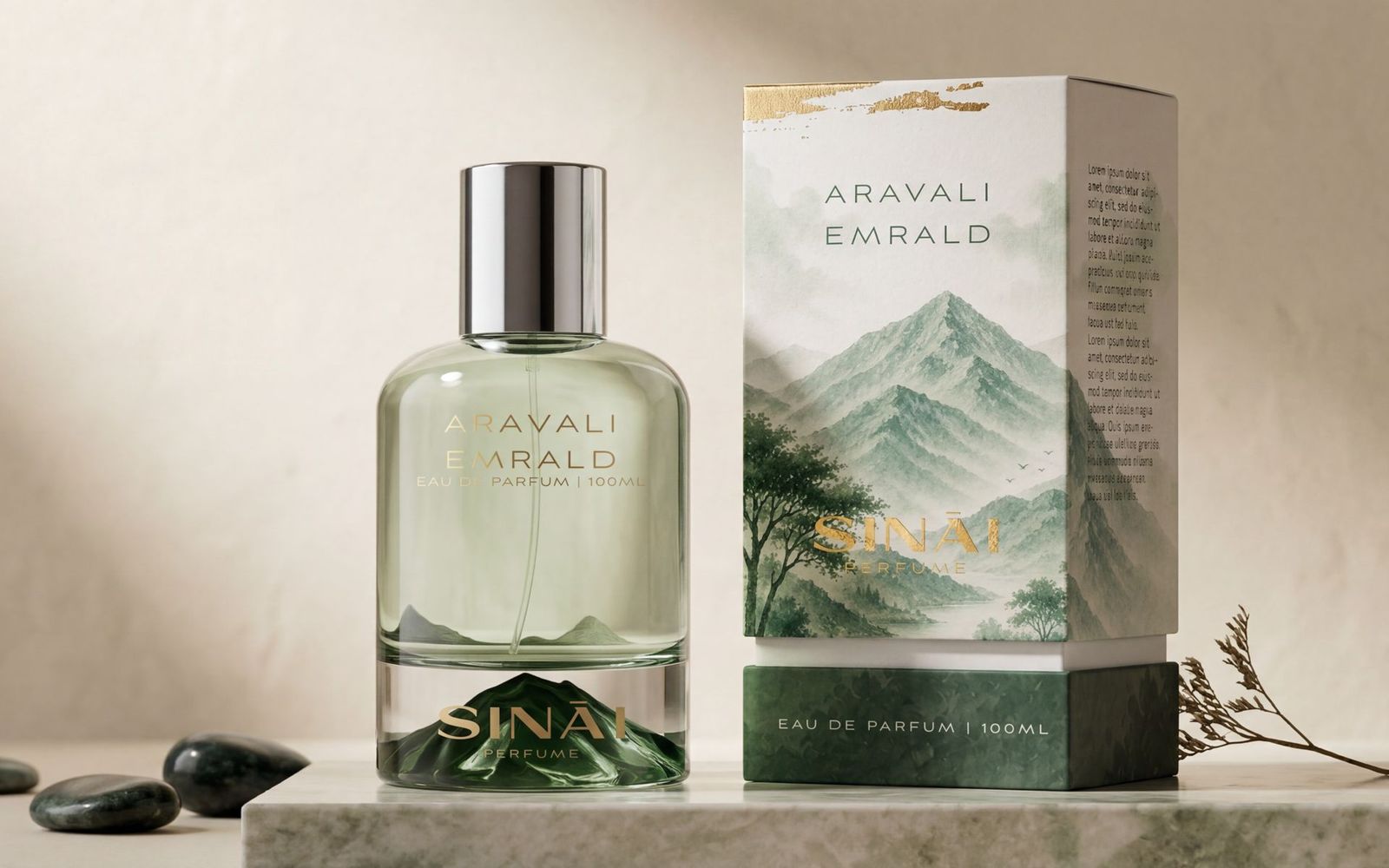 Aravali Emerald bottle and box in green