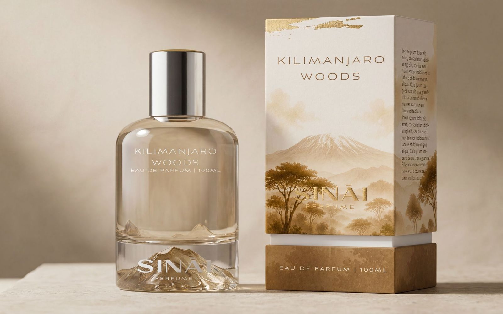 Kilimanjaro Woods bottle and box in sand