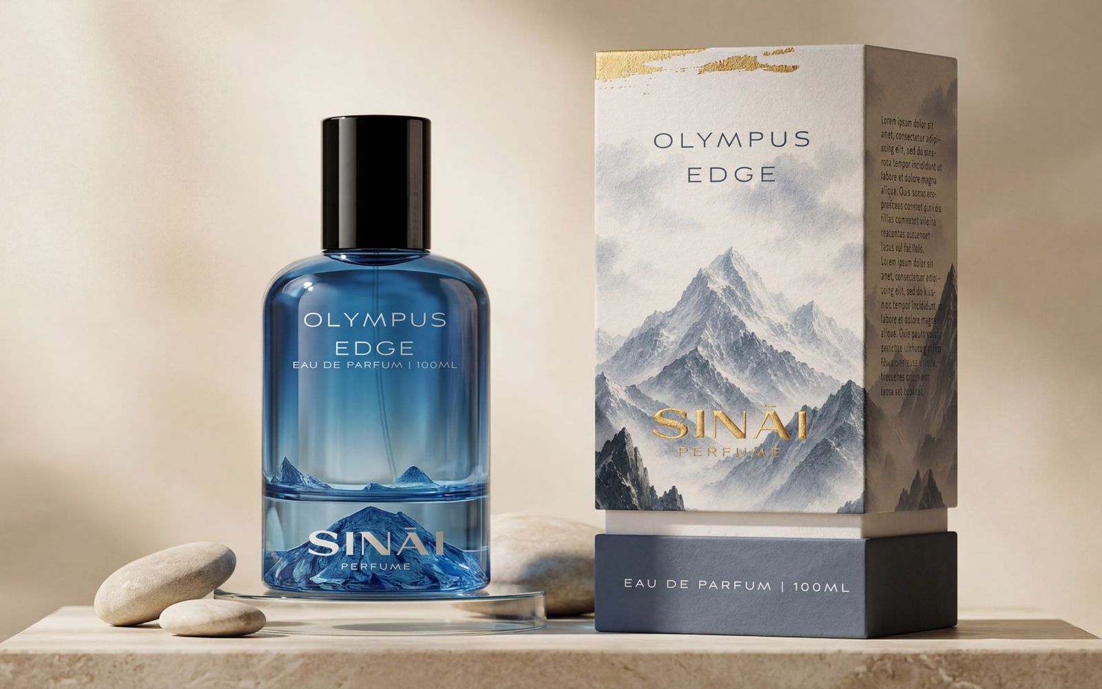 Olympus Edge bottle and box in blue grey