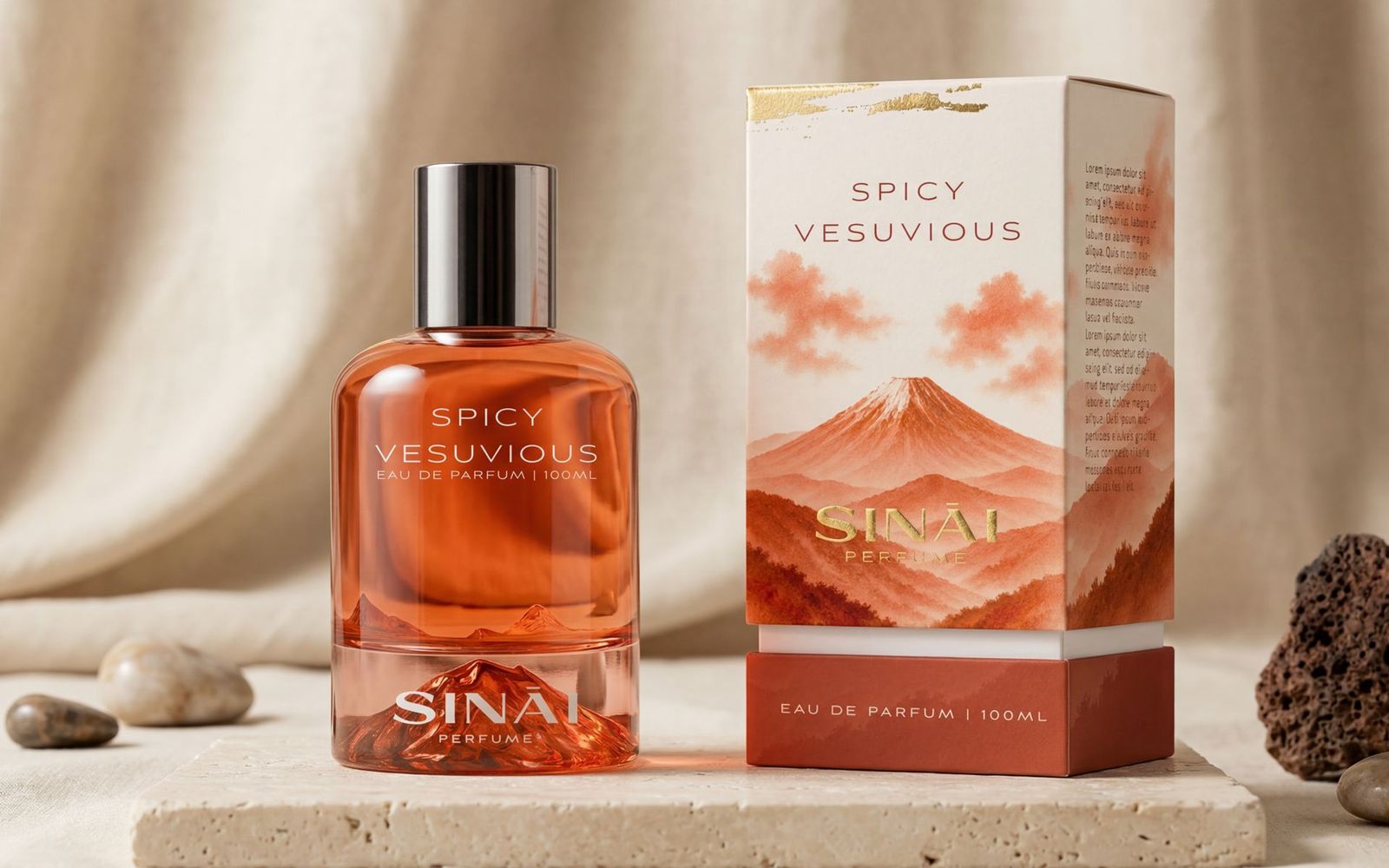 Spicy Vesuvius bottle and box in terracotta